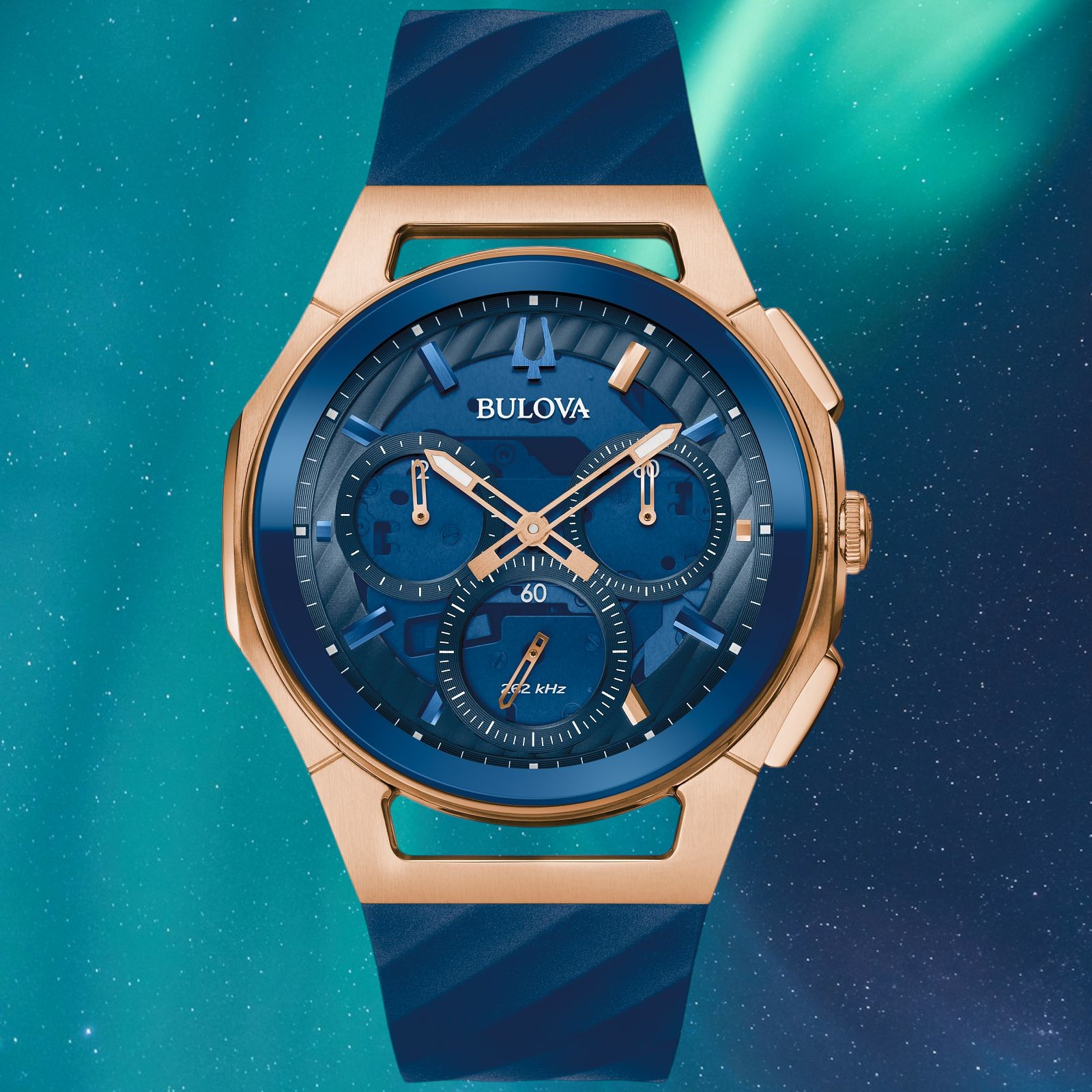 Хронограф Bulova Marc Anthony CURV – синий циферблат, покрытие «розовое золото», 44 мм