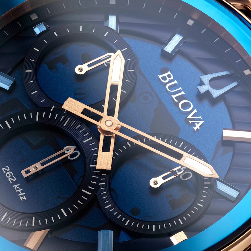 Хронограф Bulova Marc Anthony CURV – синий циферблат, покрытие «розовое золото», 44 мм