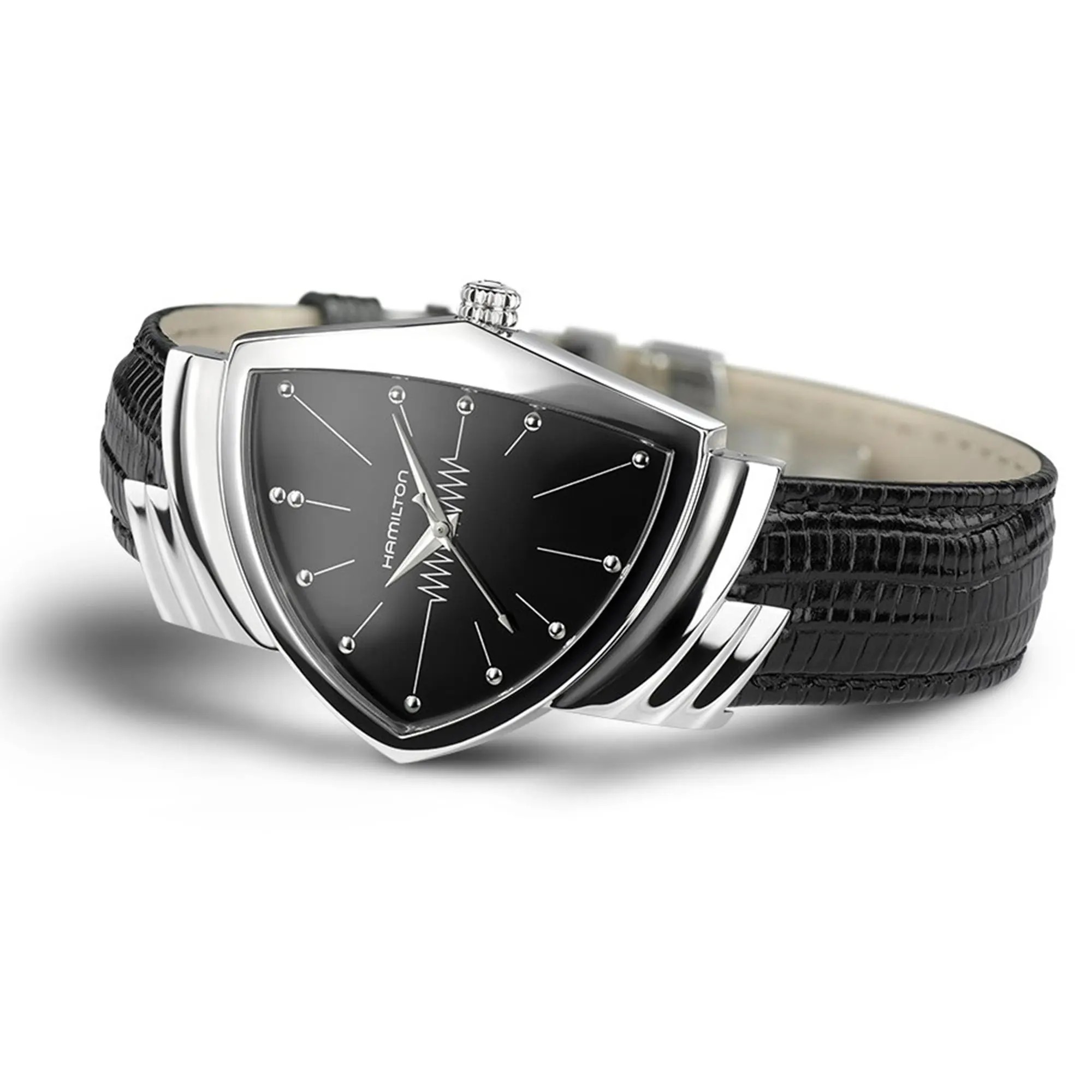 Reloj Hamilton Ventura Quartz – esfera negra, caja tipo escudo, 32,3×50,3 mm