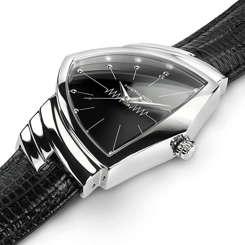 Reloj Hamilton Ventura Quartz – esfera negra, caja tipo escudo, 32,3×50,3 mm