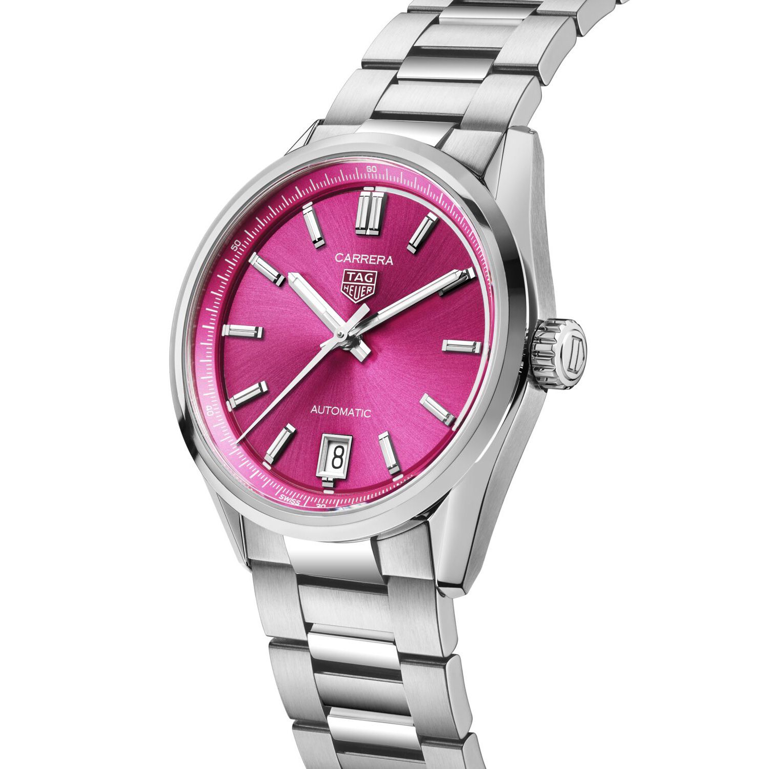 TAG Heuer Carrera Date – розовый циферблат, автомат Calibre 7, 36 мм
