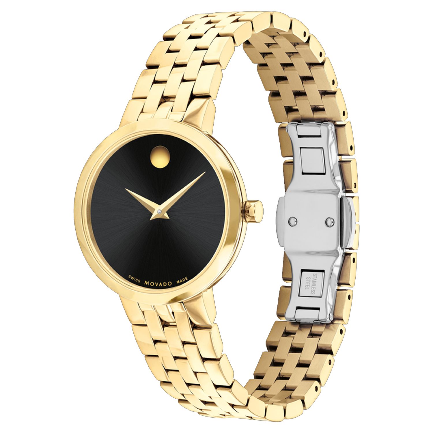 Movado Museum Classic – чёрный циферблат, золотистый браслет, 29,5 мм